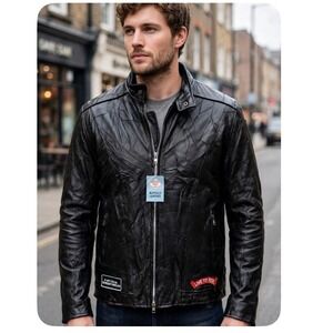 Diamond Plate Buffalo Leather Biker Jacket Mens XL Patchwork Live To Ride Eagle